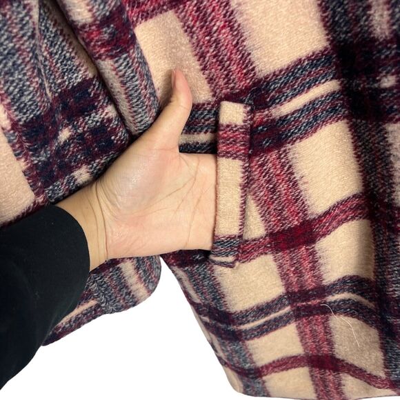 Blank NYC Jacket WMNS M Cream Wool Blend Oversized Burgundy Plaid Trench Teddy - Picture 8 of 12